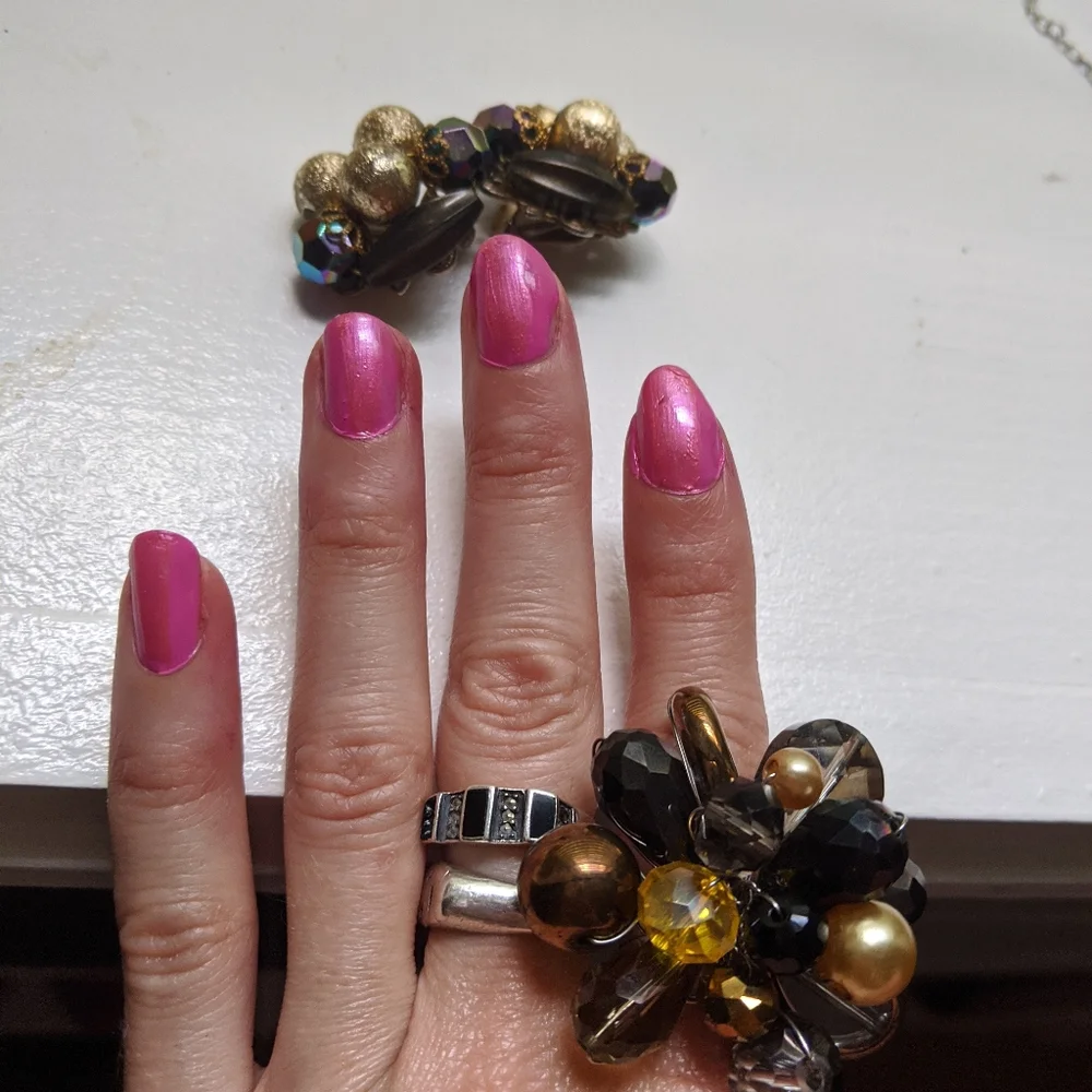 Antique clip-on gemstone earrings w statement ring - Picture 2 of 4